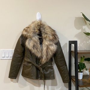 Army green leather jacket with fur